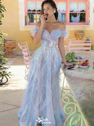 Ethereal Blue Off-Shoulder Tulle Prom Gown Iridescent Sparkle Tiered Ball Dress,WGP2143