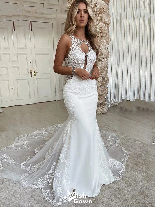 Romantic Lace Halter Mermaid Long With Trailing Flower Lace Popular Bridal Long Wedding Dresses, WDH158