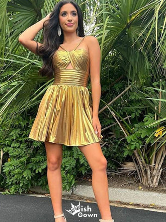 Sexy Gold Spaghetti Strap A-line Short Mini Homecoming Dress,EPT512