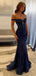 Elegant Navy Blue Off-Shoulder Mermaid Long Prom Dress Ideas, Evening Party Dresses, WGP2023