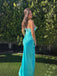 Fancy Teal Blue Satin Spaghetti-Strap Prom Dress with Side Slit,WGP2127
