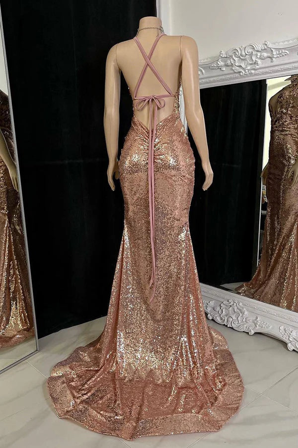 Sparkly Dusty Rose V-Neck Mermaid Long Prom Dress Ideas, Evening Party Dresses,WGP1968