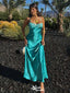 Fancy Teal Blue Satin Spaghetti-Strap Prom Dress with Side Slit,WGP2127