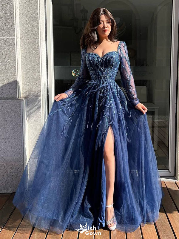 Unique Navy Blue Long Sleeve A-Line Long Prom Dress Ideas, Evening Party Dresses,WGP1919