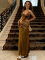 Vintage Gold Satin Prom Dress with Spaghetti Straps Elegant Knotted Waist,WGP2196