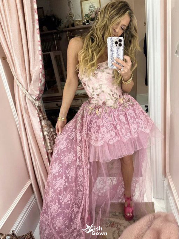 Unique Pink Sweetheart High Low Applique Long Prom Dress Ideas, Evening Party Dresses,WGP1745