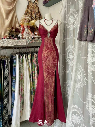 Elegant Red Spaghetti Strap Mermaid Long Prom Dress Ideas, Evening Party Dresses,WGP1669