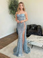 Sparkly Blue Sequin Prom Dress Strapless Side Slit Floor Length Mermaid Party Gown,WGP2074