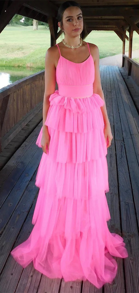 Elegant Pink Spaghetti Strap A-Line Long Sleeveless Long Party Prom Dresses,Evening Dress Online, WGP759