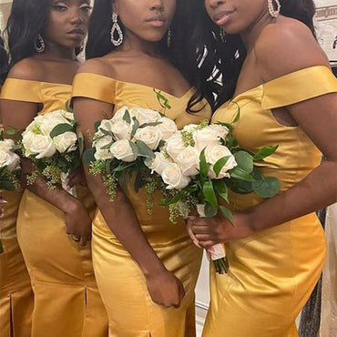 Sexy Golden Off Shoulder Mermaid Side Slit Sleeveless Wedding Guest Bridesmaid Dresses,WGM384