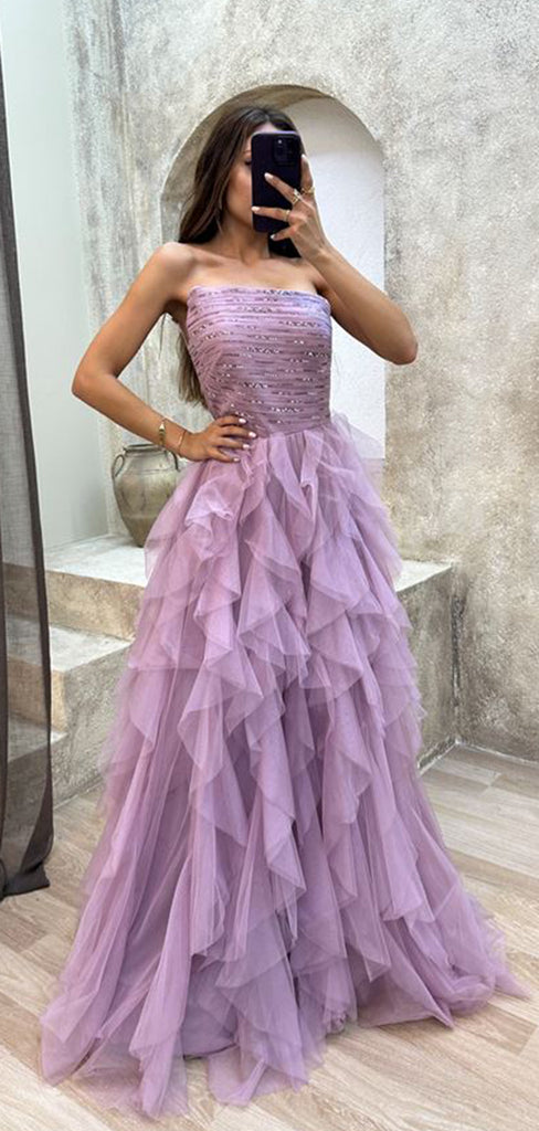 Elegant Purple Strapless A-Line Long Sleeveless Long Party Prom Dresses,Evening Dress Online, WGP781