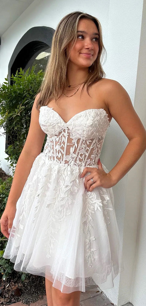 Elegant White Sweetheart Ball Gown Lace Popular Cheap Short Homecoming Dresses, EPT286