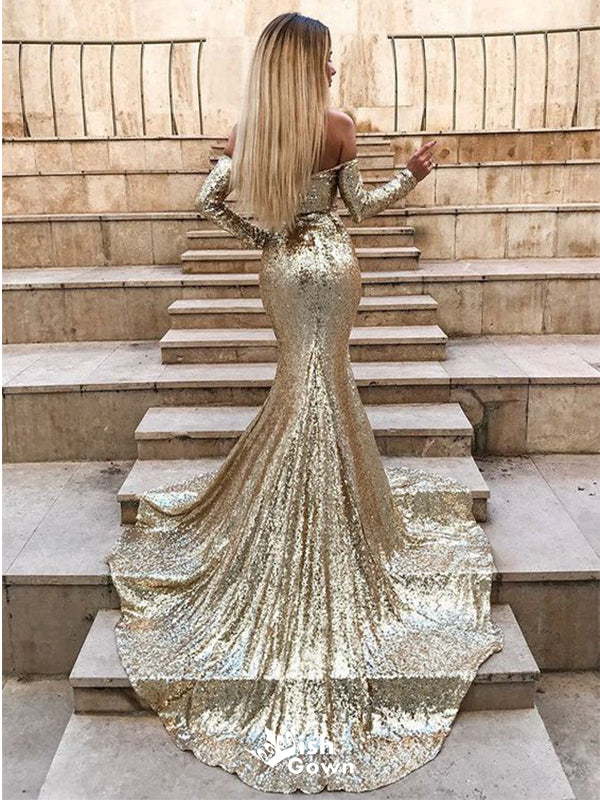 Charming Golden Mermaid Long Sleeve Popular Long Evening Dresses, Formal Dresses, Birthday Party, WGP557