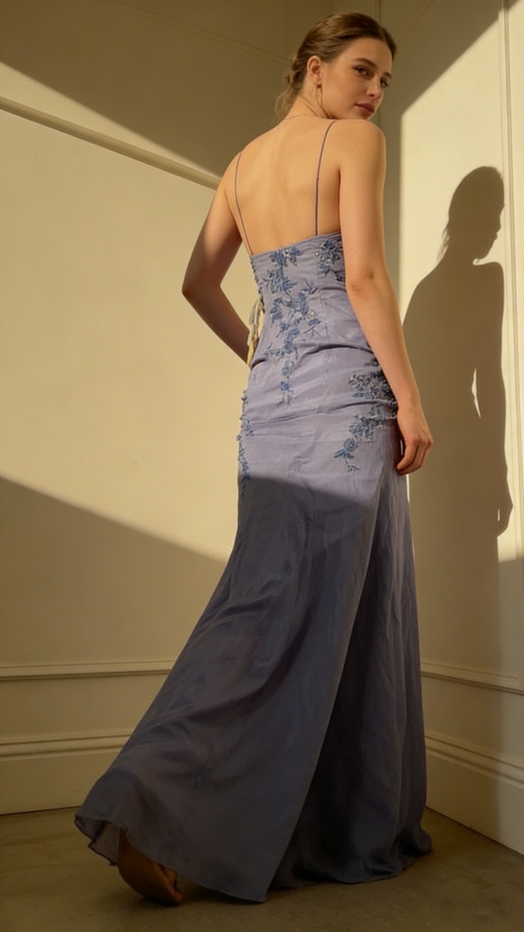 Fancy Lavender Floral Embroidered Prom Dress Spaghetti Strap Lace Evening Gown,WGP2207