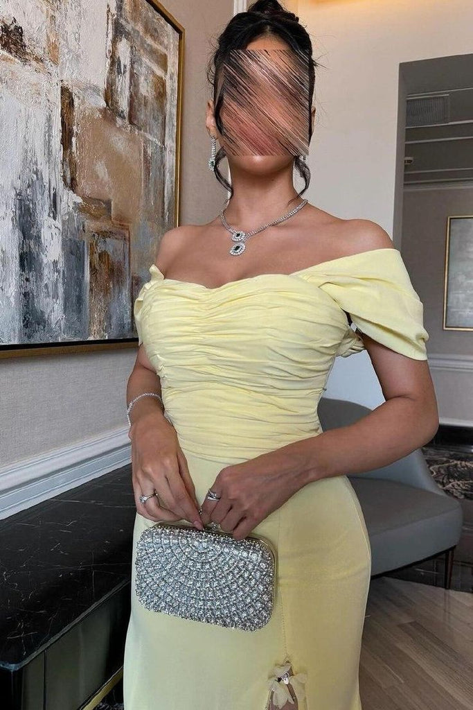 Elegant Yellow Off-Shoulder Mermaid Long Prom Dress Ideas, Evening Party Dresses,WGP1623
