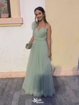 Popular Floral Green V-Neck A-Line Sleeveless Long Prom Dress Ideas, Evening Party Dresses,WGP1681