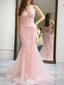 Beautiful Pink Floral Applique V-Neck Prom Dress Sheer Bodice Tulle Mermaid Gowns,WGP2181