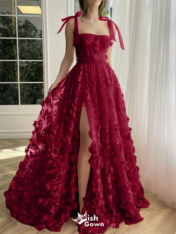 Elegant Red A-Line Square Side Slit Lace Evening Dresses, Formal Dresses, Birthday Party, WGP548