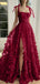 Elegant Red A-Line Square Side Slit Lace Evening Dresses, Formal Dresses, Birthday Party, WGP548