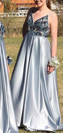 Elegant Spaghetti Strap V-neck A-line Long Prom Dress Ideas, Evening Party Dresses,WGP1754
