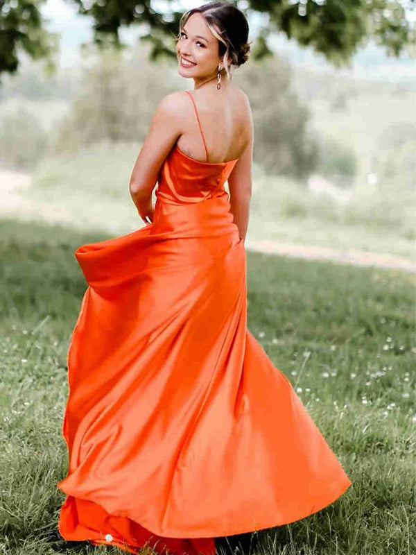 Elegant Orange Spaghetti Strap A-Line Side Slit Party Prom Dresses,Evening Dress Online, WGP806