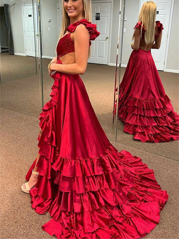 sexy red birthday dress Sexy Red A-Line V-neck Side Slit Popular Long Evening Dresses with Tra – Wish Gown