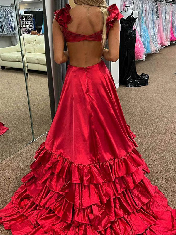 Sexy Red A-Line V-neck Side Slit Popular Long Evening Dresses with Tra Wish Gown Sexy Red A-Line V-neck Side Slit Popular Long Evening Dresses with Tra Wish Gown