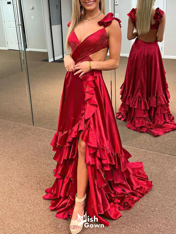 Sexy Red A-Line V-neck Side Slit Popular Long Evening Dresses with Trailing, Formal Dresses, Birthday Party, WGP568