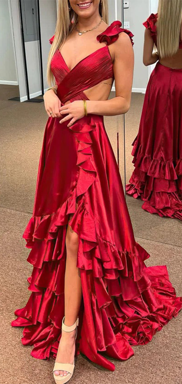 sexy red birthday dresses Sexy Red A-Line V-neck Side Slit Popular Long Evening Dresses with Tra – Wish Gown