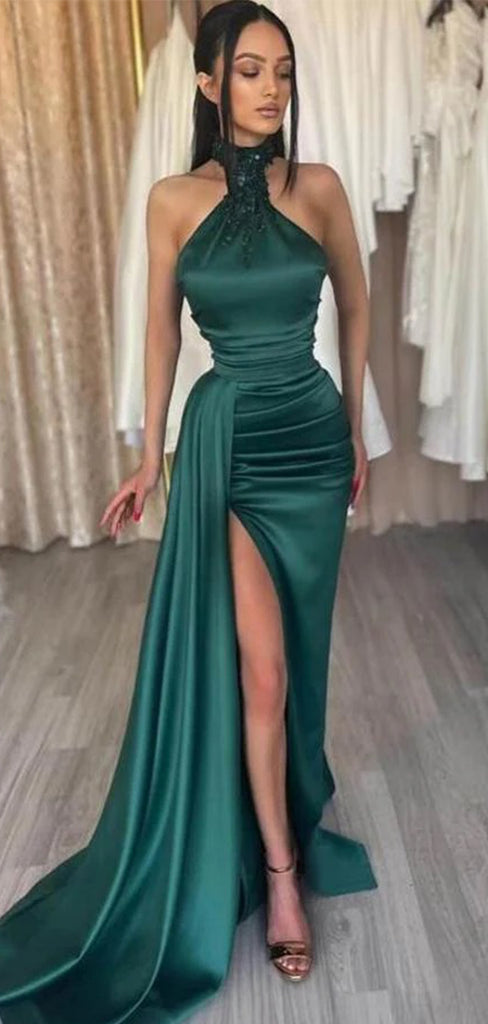 Sexy Green Mermaid Halter Side Slit Sleeve Popular Long Evening Dresses, Formal Dresses, Birthday Party, WGP561