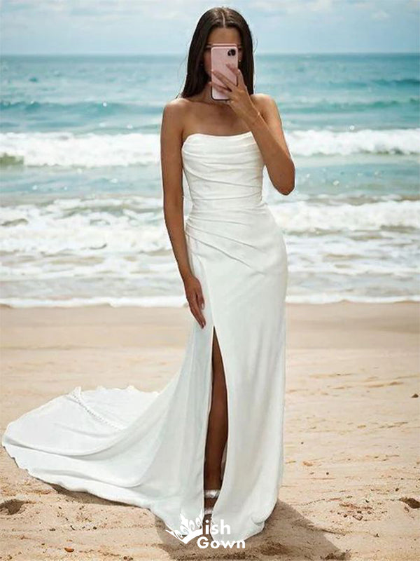 Elegant Strapless Sleeveless Side Slit With Train Popular Bridal Long Wedding Dresses, WDH109