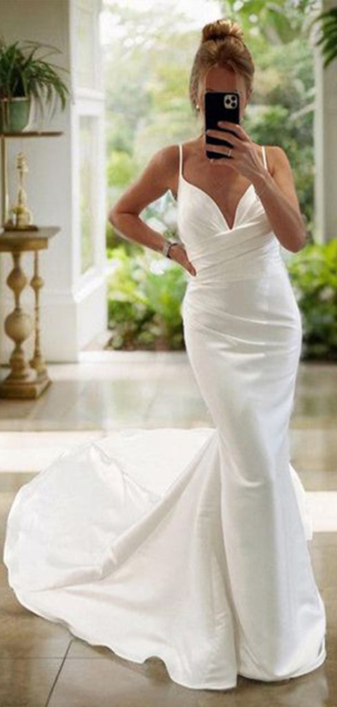 Romantic Mermaid Spaghetti Straps V Neck With Train Popular Bridal Long Wedding Dresses, WDH111