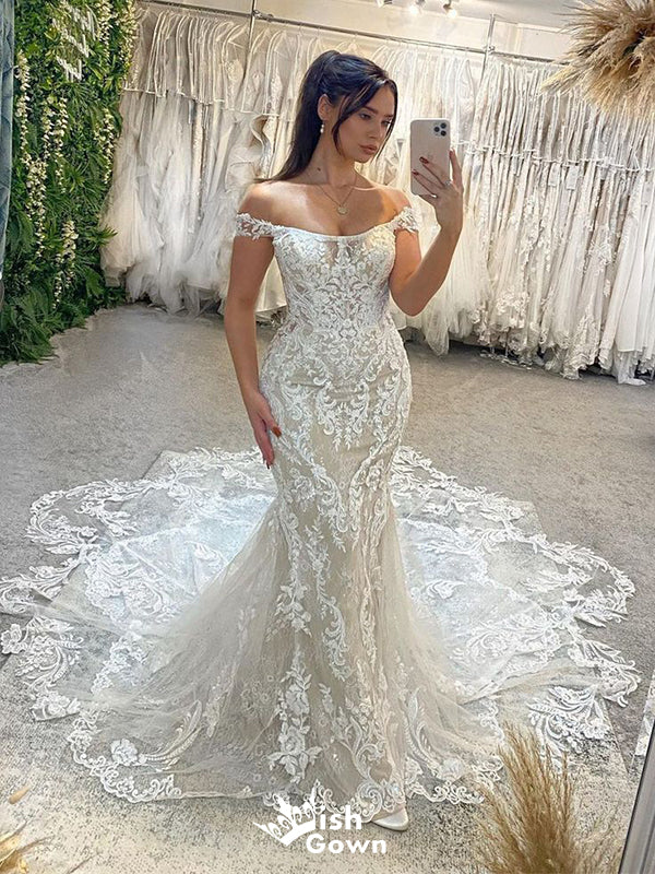 Gorgeous Mermaid Off Shoulder Sleeveless With Trailing Lace Popular Bridal Long Wedding Dresses, WDH133