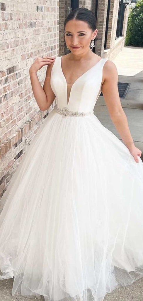 Simple Straps V Neck Sleeveless With Trailing Popular Bridal Long Wedding Dresses, WDH139