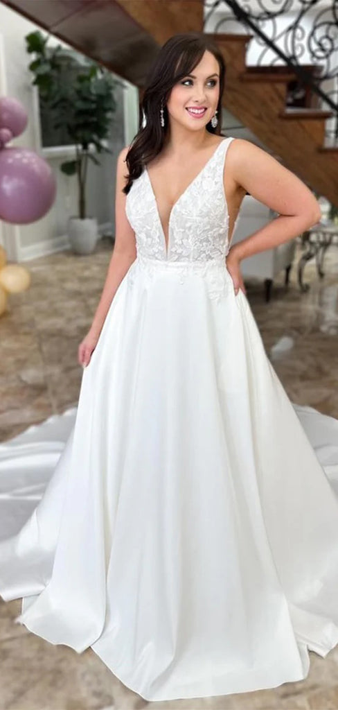 Charming Spaghetti Straps V Neck Sleeveless With Trailing Applique Popular Bridal Long Wedding Dresses, WDH141