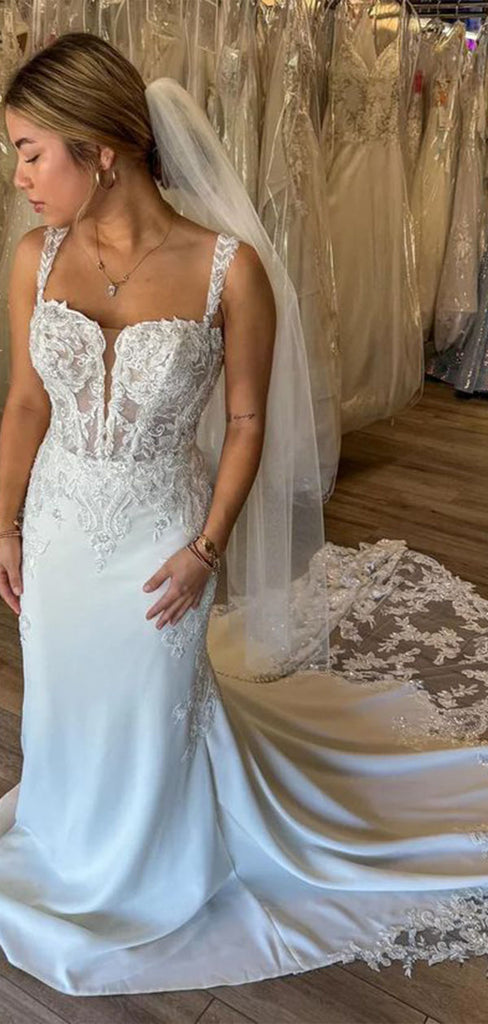 Charming Spaghetti Straps Sweetheart Sleeveless With Trailing Lace Popular Bridal Long Wedding Dresses, WDH146