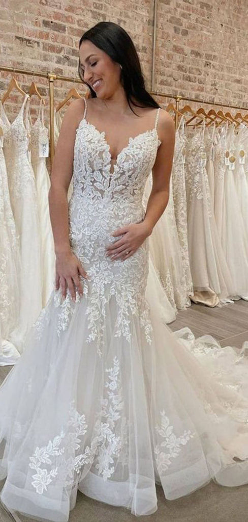 Sexy Spaghetti Straps V Neck Sleeveless With Trailing Lace Popular Bridal Long Wedding Dresses, WDH148