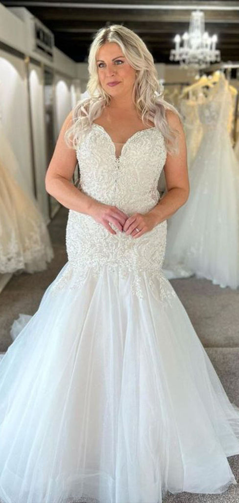 Romantic Spaghetti Straps Sweetheart Sleeveless With Trailing Lace Popular Bridal Long Wedding Dresses, WDH149