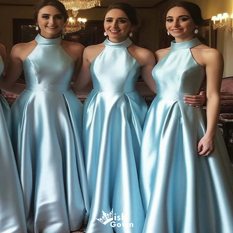 Elegant Blue A-Line Halter Sleeveless  Popular Cheap Maxi Long Wedding Guest Bridesmaid Dresses,WGM216