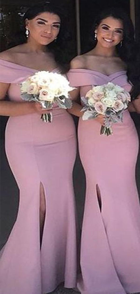 Elegant Pink Mermaid Sweetheart Off Shoulder Side Slit Popular Cheap Maxi Long Wedding Guest Bridesmaid Dresses,WGM284