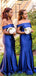 Elegant Blue Mermaid Off Shoulder Popular Cheap Maxi Long Wedding Guest Bridesmaid Dresses,WGM290