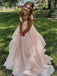 Elegant Pink A-Line V Neck Spaghetti Straps Sequin Long Formal Prom Gowns,Evening Dresses,WGP358