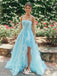 Elegant Light Blue A-Line Spaghetti Straps Side Slit Long Maxi Prom Dresses,Evening Gowns,WGP375