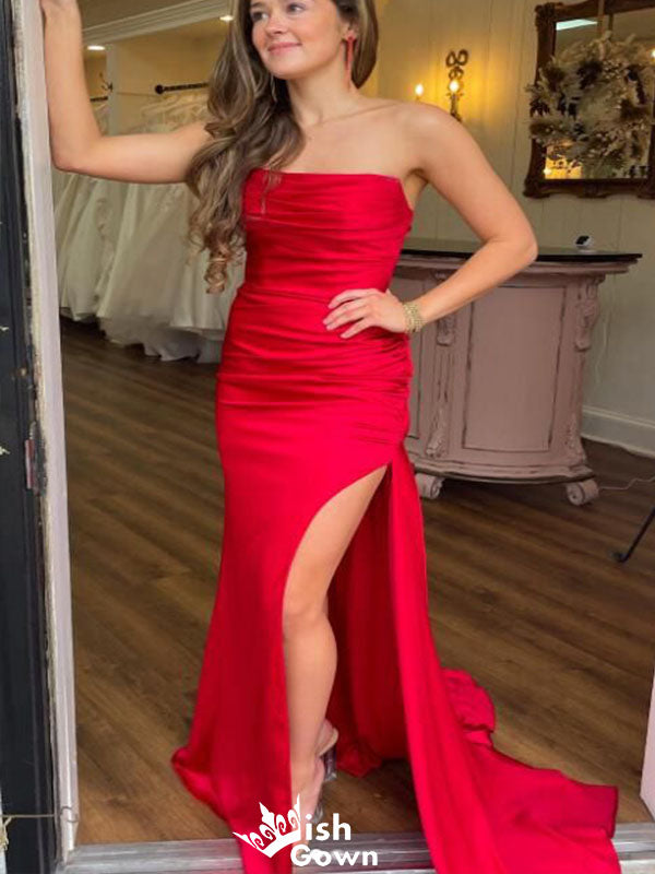 Sexy Red Mermaid Strapless Side Slit Sleeveless Lace Up Maxi Long Party Prom Gowns,Evening Dresses,WGP399