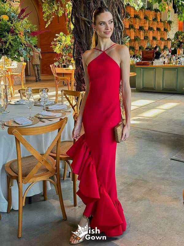 Sexy Red Mermaid Halter Backless Cheap Maxi Long Party Prom Gowns,Evening Dresses,WGP406