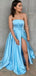 Gorgeous Blue A-Line Strapless Sleeveless Side Slit Cheap Maxi Long Party Prom Gowns,Evening Dresses,WGP451