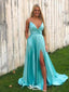 Simple A-Line Spaghetti Straps V Neck Sleeveless Side Slit Cheap Maxi Long Party Prom Gowns,Evening Dresses,WGP453