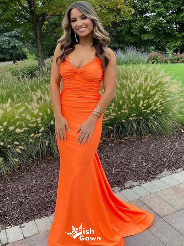 Sexy Orange Mermaid Spaghetti Straps V Neck Sleeveless Cheap Maxi Long – Wish Gown Sexy Orange Mermaid Spaghetti Straps V Neck Sleeveless Cheap Maxi Long – Wish Gown
