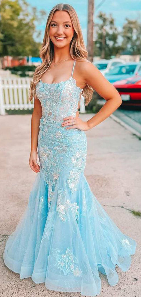 Gorgeous Light Blue Mermaid Spaghetti Straps Sleeveless Applique Cheap Maxi Long Party Prom Gowns,Evening Dresses,WGP475