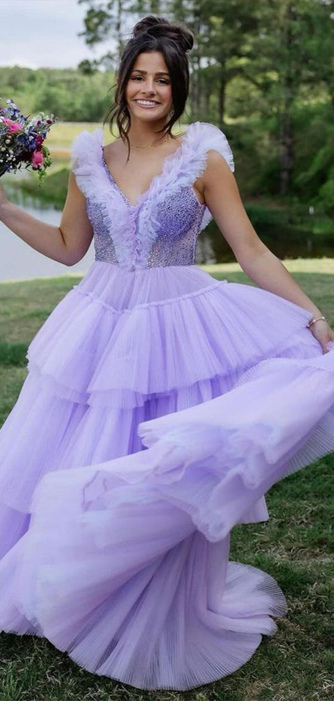 Gorgeous Light Purple A-line Straps V Neck Sleeveless Ruffle Sequin Cheap Maxi Long Party Prom Gowns,Evening Dresses,WGP484